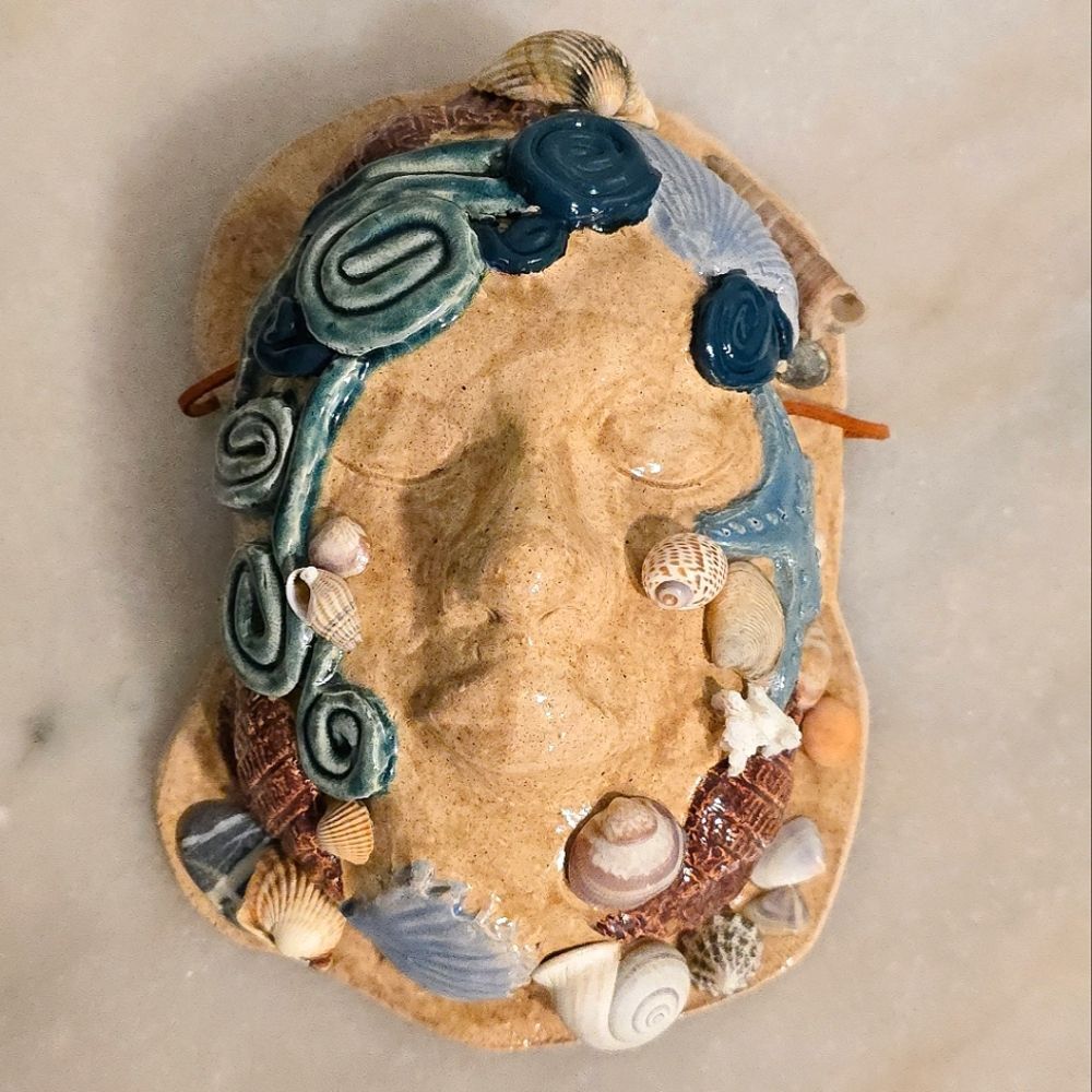 Studio Pottery Mermaid Ceramic Seashells Face Mask Wall Hanging Coastal Decor